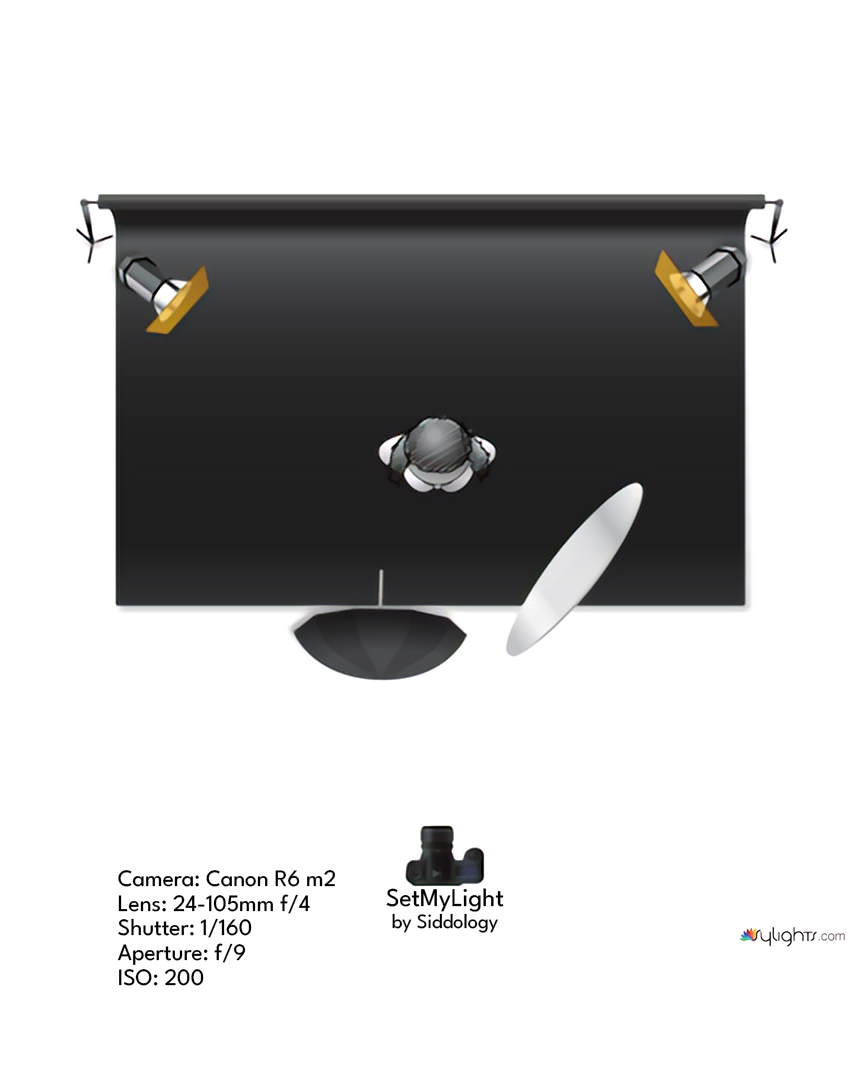 Dramatic Fashion Portrait with Overhead Key and Gel Backlights — lighting diagram