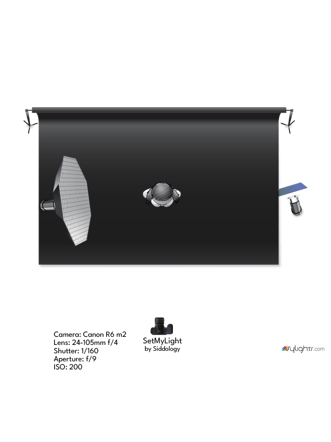 Dramatic Portrait with Gridded Softbox and Blue Gel — lighting diagram