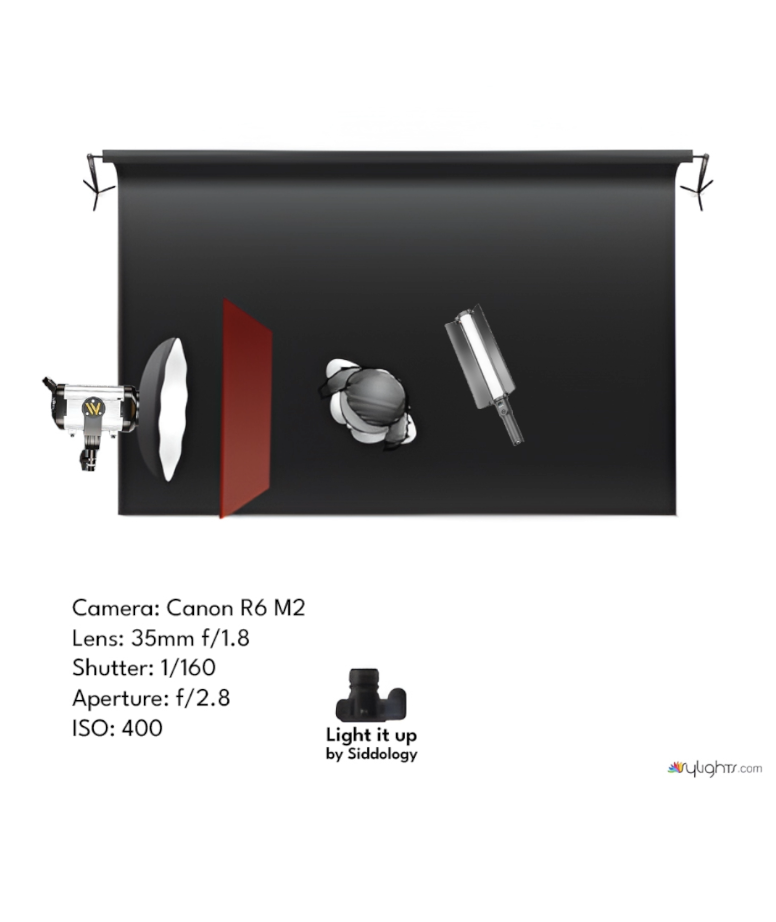Red and Magenta Lit Portrait with Beauty Dish — lighting diagram