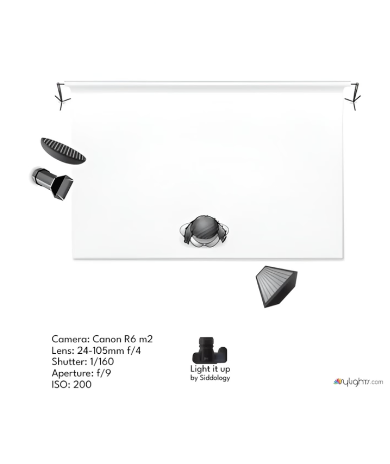 Fashion Portrait with Grid and Beauty Dish — lighting diagram